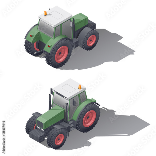 Agricultural tractors isometric icon set photo