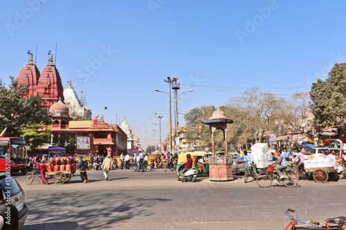 Crowded and traffic packed world famous market Chandni Chowk situated in front of Historical Red Fort.