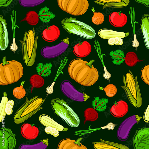 Vector icons of vegetables in seamless pattern. Vegetarian fresh ripe of pumpkin, eggplant, napa cabbage, zucchini, leek, corn, tomato, beet, onion. Kitchen decoration background