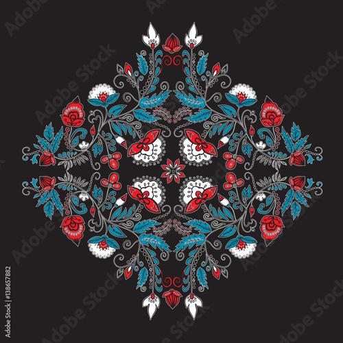 stock vector abstract hand draw flower and wave, doodle bouquet. oriental or arabic, russia art background. template for card. banner