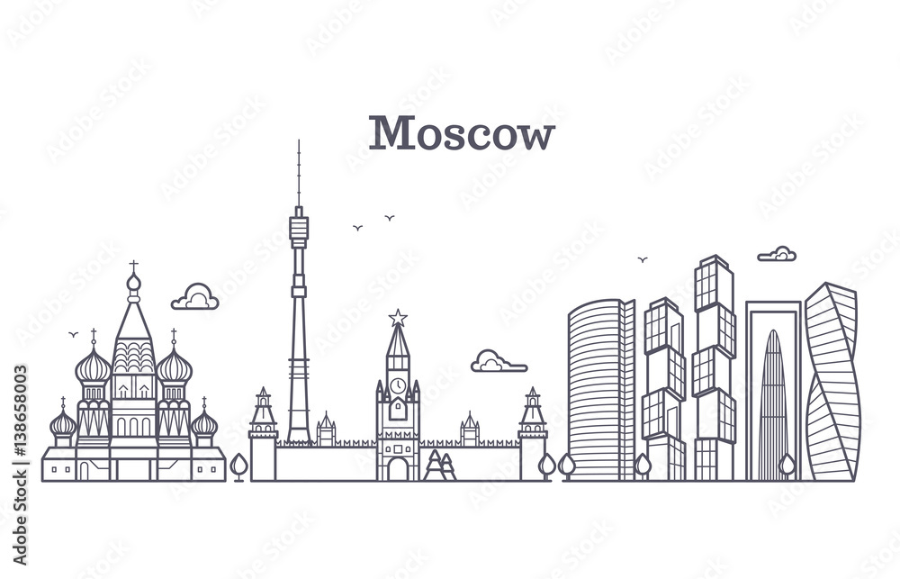 Moscow linear russia landmark, modern city skyline, vector panorama with soviet buildings