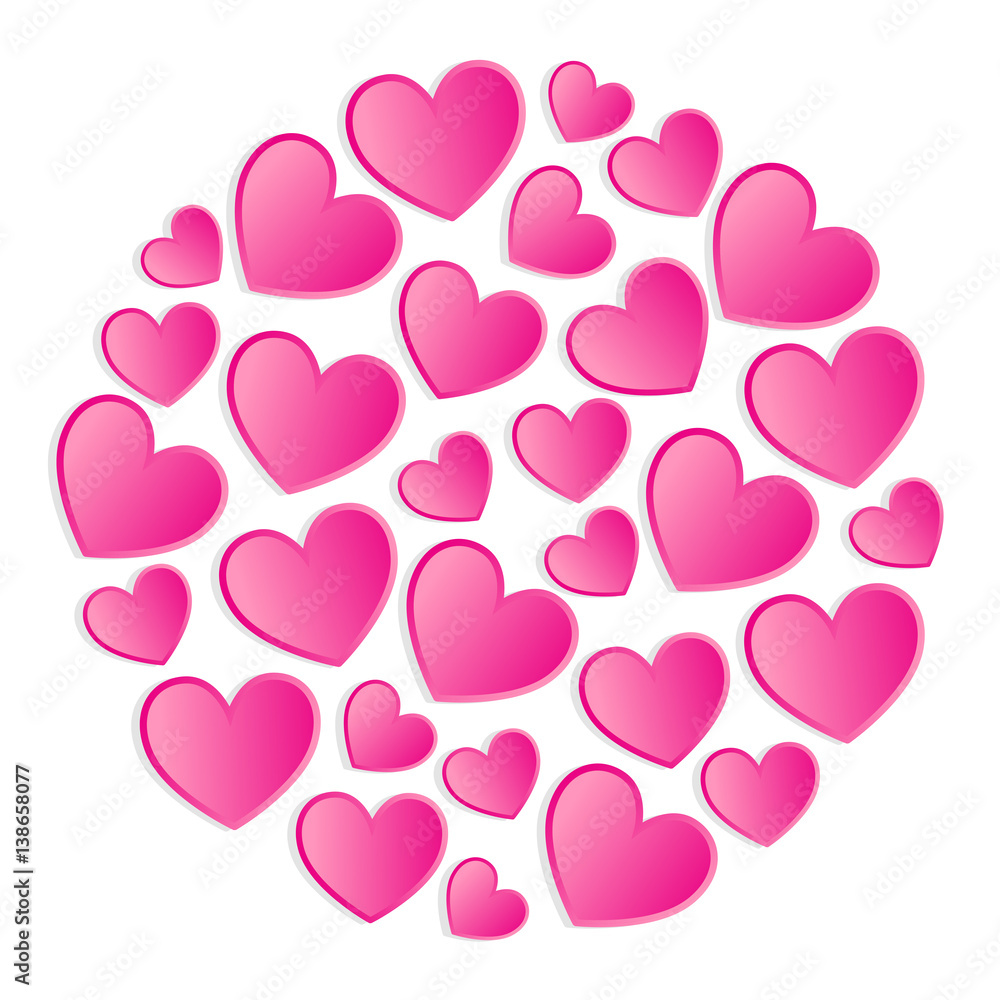 Round composition made of pink hearts on white background