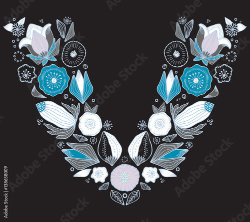 stock vector flowers and leaf ornament. oriental or russian pattern.necklace embroidery design