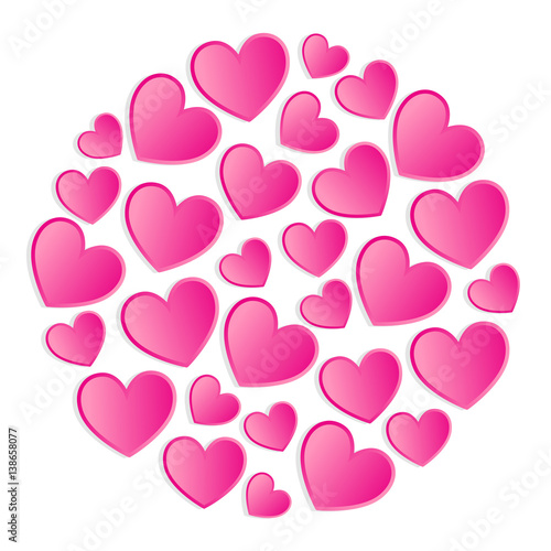 Round composition made of pink hearts on white background