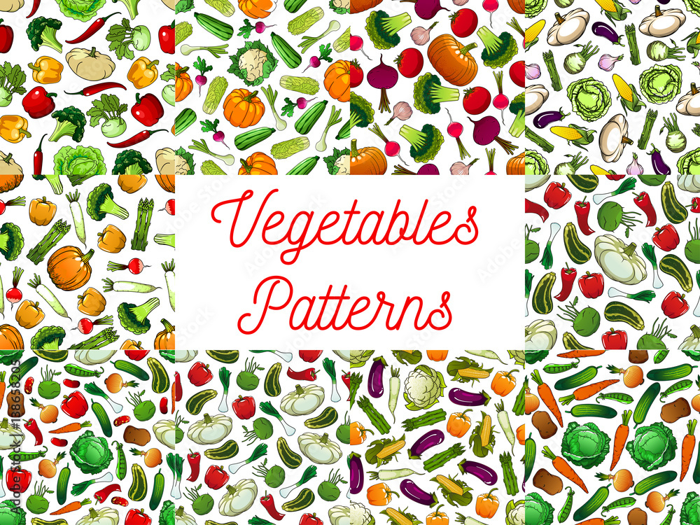 Vegetables seamless pattern background set with tomato, carrot, pepper, onion, cucumber and eggplant, beet and radish, potato, cabbage, broccoli, pea, pumpkin and garlic