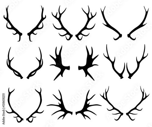 Antlers, deer and reindeer horns vector silhouettes isolated on white