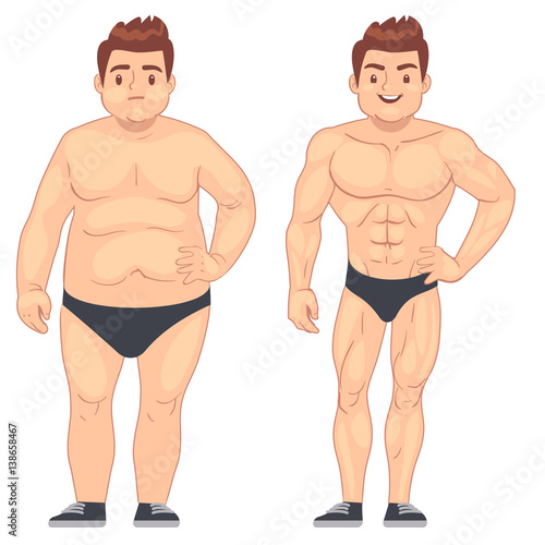 Cartoon muscular and fat man, guy before and after sports. weight loss and diet vector lifestyle concept © MicroOne