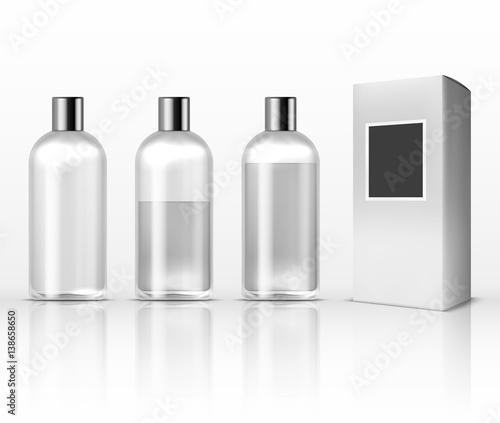Cosmetic clear plastic bottles, empty transparent lotion containers isolated on white vector set