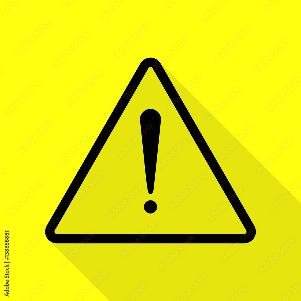 Exclamation danger sign. Flat style. Black icon with flat style shadow path on yellow background. Exclamation danger sign. Flat style. Black icon with flat style shadow path on yellow background.
