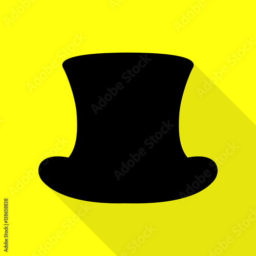 Top hat sign. Black icon with flat style shadow path on yellow background.