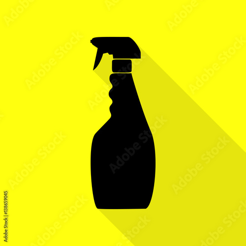 Plastic bottle for cleaning. Black icon with flat style shadow path on yellow background.
