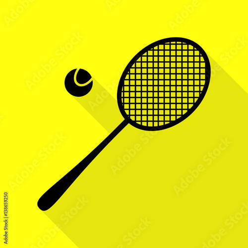 Tennis racquet sign. Black icon with flat style shadow path on yellow background.