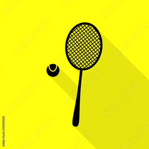 Tennis racquet sign. Black icon with flat style shadow path on yellow background.