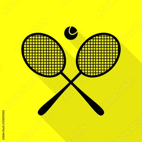 Tennis racket sign. Black icon with flat style shadow path on yellow background.