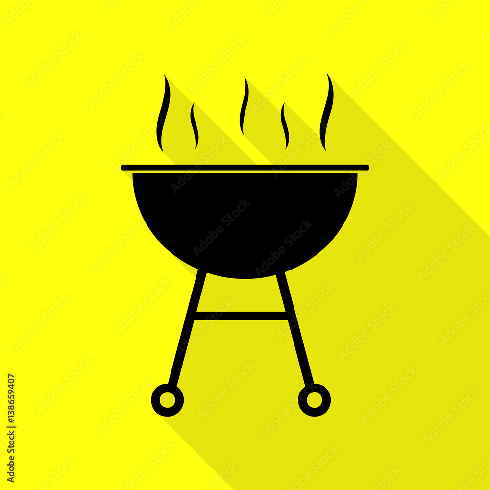 Barbecue simple sign. Black icon with flat style shadow path on yellow background. Barbecue simple sign. Black icon with flat style shadow path on yellow background.