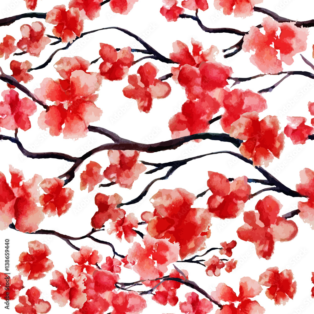 Japanese cherry branch spring blossom, red sakura tree seamless watercolor  pattern. Vector illustration, ready for print. Can be used for wallpaper  design, textile design. Stock Vector | Adobe Stock
