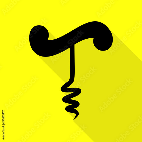 Simple corkscrew sign. Black icon with flat style shadow path on yellow background.