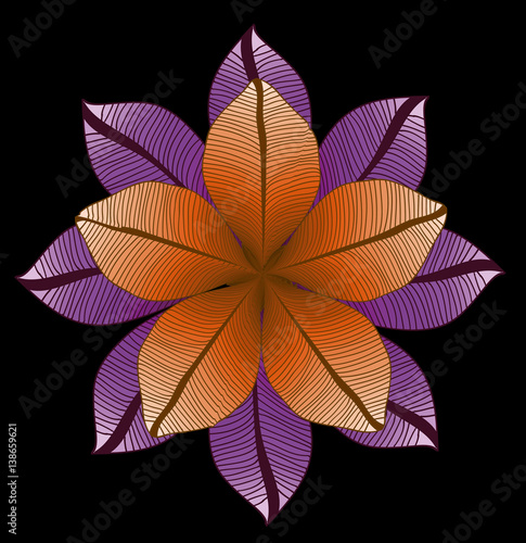 Floral pattern. Vector round drawing with orange and violet leaves. Foliage