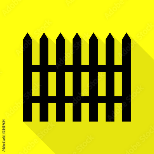 Fence simple sign. Black icon with flat style shadow path on yellow background.