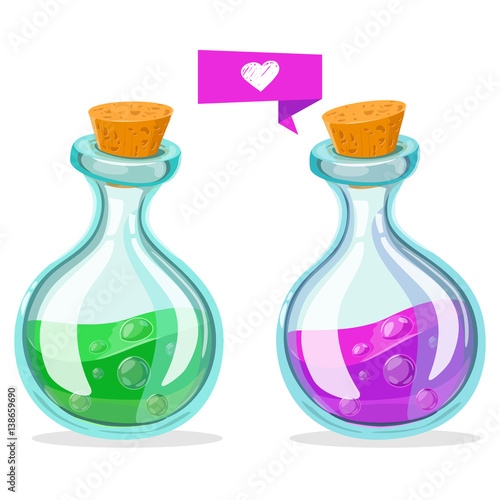 Set of Cartoon Potion Bottle. Glass flasks with colorful liquids isolated on a white background. Game icon of magic elixir.Vector design for app user interface. For animation vector illustration