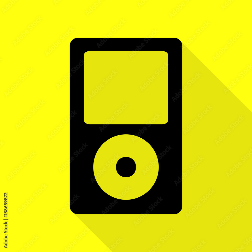 Portable music device. Black icon with flat style shadow path on yellow background. Portable music device. Black icon with flat style shadow path on yellow background.
