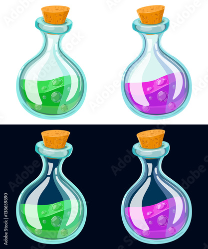 Set of Cartoon Potion Bottle. Glass flasks with colorful liquids isolated on background. Game icon of magic elixir.Vector design for app user interface. For animation vector illustration