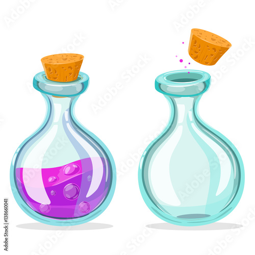 Set of Cartoon Potion Bottle. Glass flasks with colorful liquids isolated on a white background. Game icon of magic elixir.Vector design for app user interface. For animation vector illustration