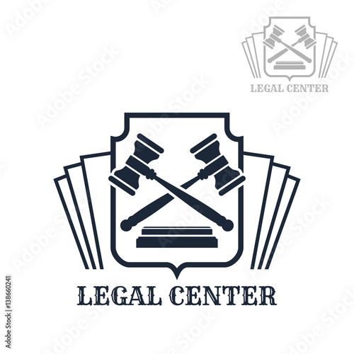 Advocacy or lawyer legal center vector icon with law code and judge gavels on heraldic shield. Emblem or sign for juridical company or advocate or justice attorney office, counsel and notary
