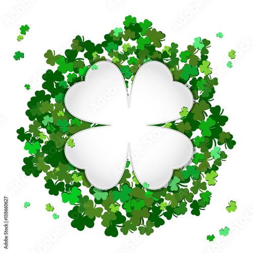 St Patrick's Day Vector background with shamrock. Lucky spring symbol. Clover in green shades isolated on white background and White Substrate in shape of quatrefoil. Border and frame - stock vector