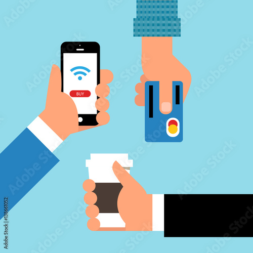 Hands holding smartphone, coffee cup, bank card. Concept of online buying food and drink. Flat design. Vector illustration