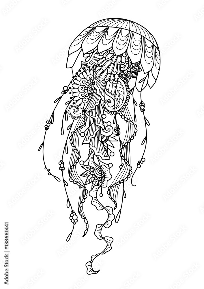 Naklejka premium and drawn jellyfish zentangle style for coloring book, shirt design or tattoo – Stock Illustration