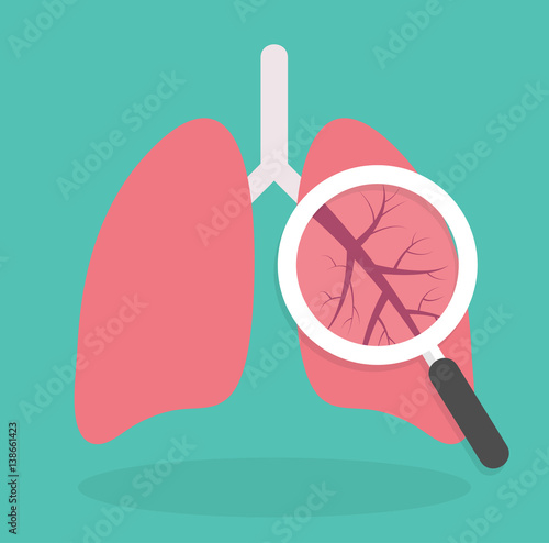 Lung inspection icon. Medical inspection concept. Magnifying glass on lungs. Flat design