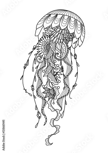 and drawn jellyfish zentangle style for coloring book, shirt design or tattoo – Stock Illustration