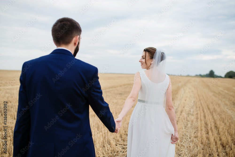 Wedding couple in love at wheat field with stubble. Wedding couple in love at wheat field with stubble.