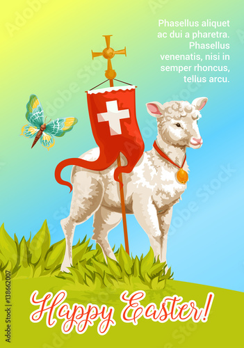 Easter lamb cartoon greeting card. White lamb of God with cross and red flag stands on sunny grass meadow. Happy Easter festive poster, Joyful Spring Holidays banner design photo