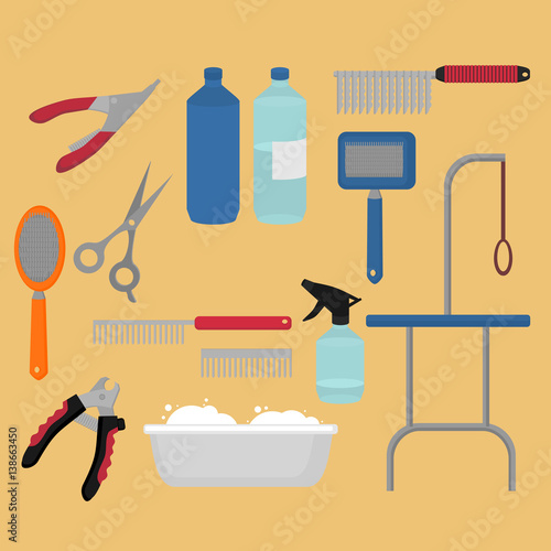 Flat grooming salon equipment set, dog haircut tools icons. Doggy groomer collection, nail clipper, cutter, Slicker and brush, comb, scissors and dematters