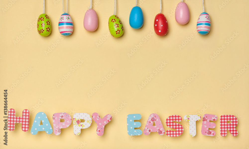 Cute Letters with pattern on Yellow - Happy Easter, with little colorful easter eggs Cute Letters with pattern on Yellow - Happy Easter, with little colorful easter eggs