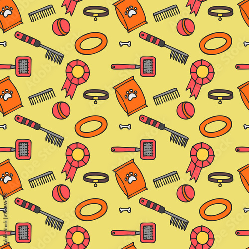 Doodle isolated seamless pattern of dog items elements. Pet icons walking, feeding, grooming salon equipment