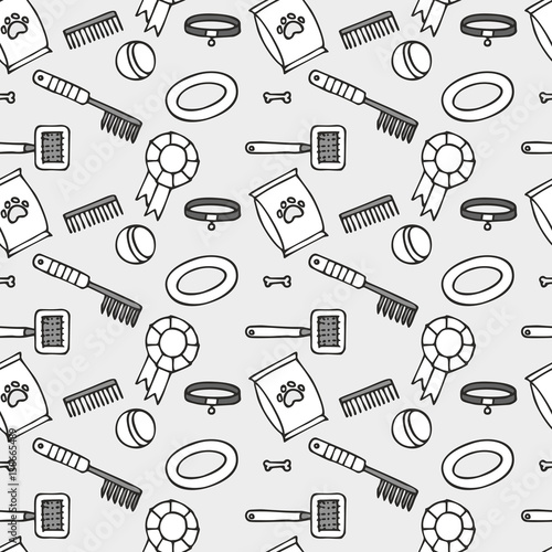 Doodle isolated seamless pattern of dog items elements. Pet icons walking, feeding, grooming salon equipment