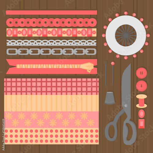Sewing workshop equipment. Flat tailor shop design elements. Tailoring industry dressmaking tools icons. Fashion designer sew items top view