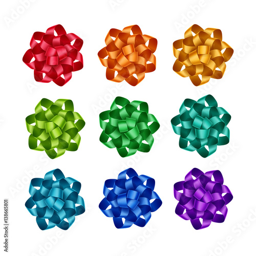 Vector Set of Bright Red Scarlet Orange Yellow Light Blue Azure Green Emerald Purple Violet Gift Ribbon Bows Close up Isolated on White Background
