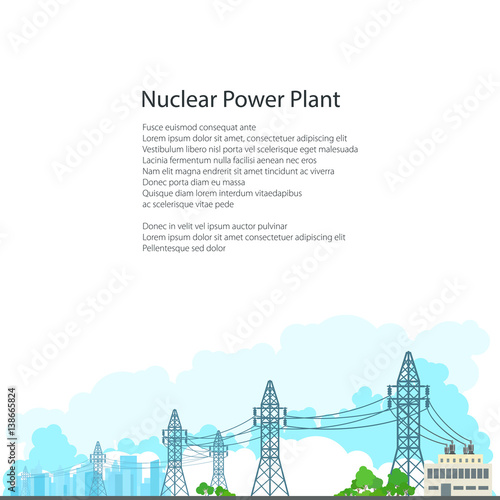 High Voltage Power Lines Supplies Electricity to the City, Electric Power Transmission on White Background and Text, Poster Brochure Flyer Design, Vector Illustration