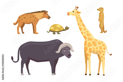African animals cartoon vector set. elephant, rhino, giraffe, cheetah, zebra, hyena, lion, hippo, crocodile, gorila and outhers. safari isolated illustration