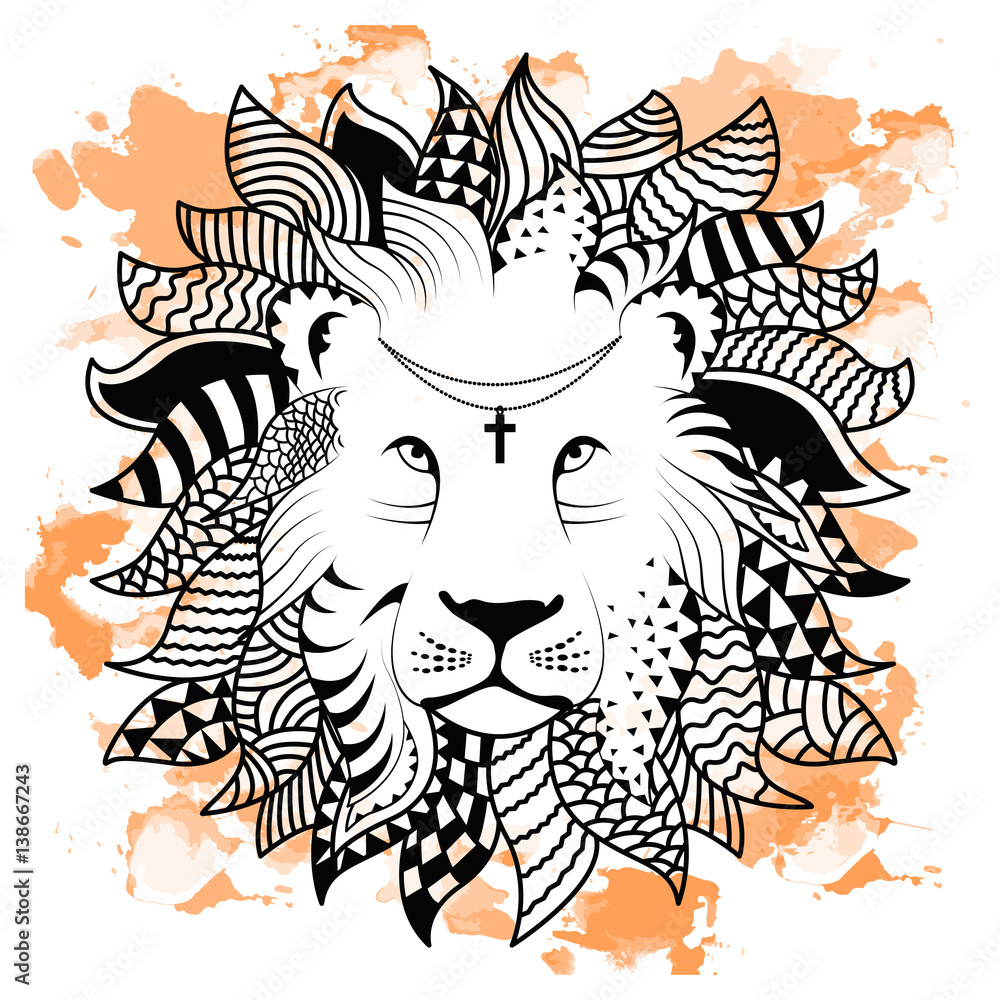 Line art hand drawing black lion isolated on white background with orange watercolor blots. Doodle style. Tatoo. Zenart. Zentangle.Coloring for adults.