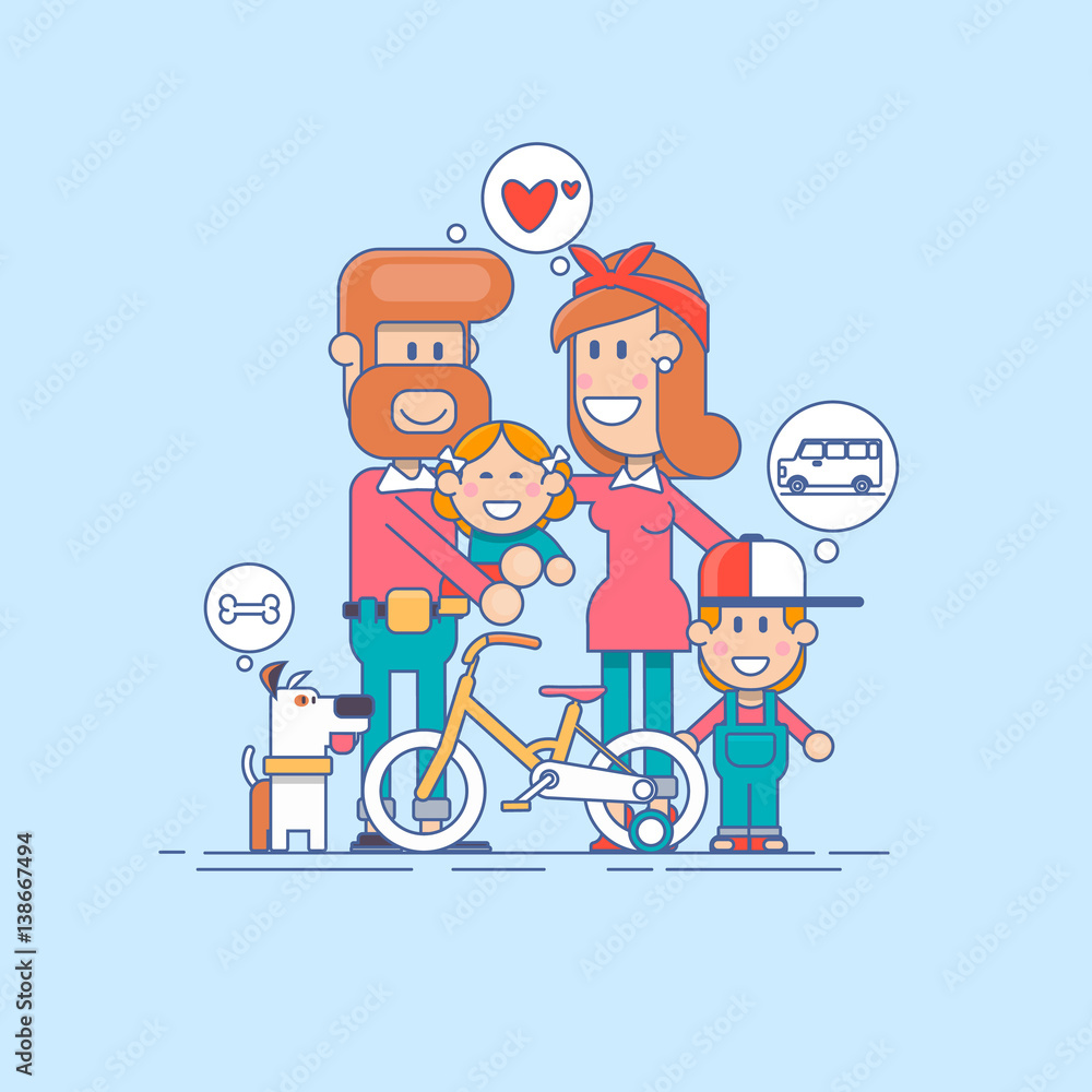 Fototapeta premium Happy family.Father, mother and two children son having fun and playing in nature. the child sits on the shoulders of his father.