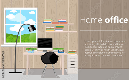 Working Place Modern Office Interior Flat Design Vector Illustration Computer desk workplace concept Workplace concept. Modern home office