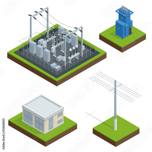 Electric Energy Factory Distribution Chain. Communication, technology town, electric, energy. Vector isometric illustration