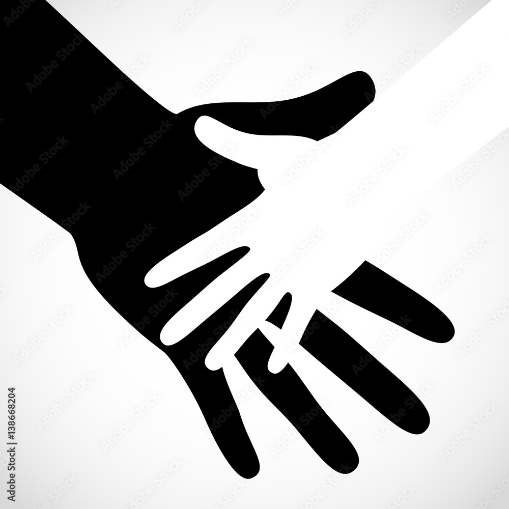 Black color big hand and white small hand concept. Help symbol hands support emblem. Hands icon illustration. Education, health care, medical, design element. Black color big hand and white small hand concept. Help symbol hands support emblem. Hands icon illustration. Education, health care, medical, design element.