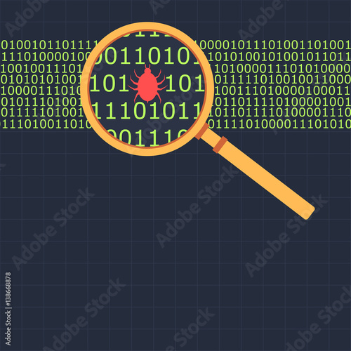 Magnifying glass looking at binary code finding bug