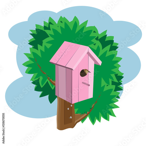 Pink birdhouse on a tree with a bird. Vector.